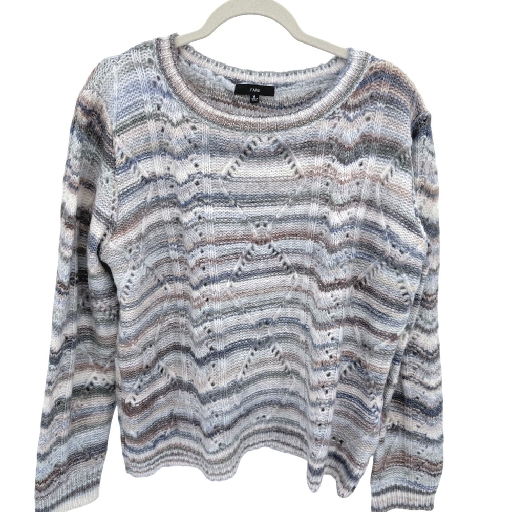 FATE Wool Blend Open Knit Striped Pullover Sweater‎ Boho Hippie Cozy Medium